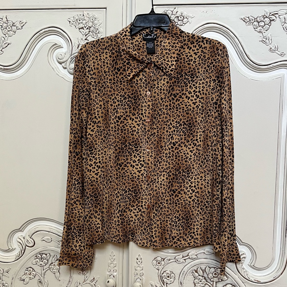 Women's Leopard Long sleeve 100% silk blouse - Size L